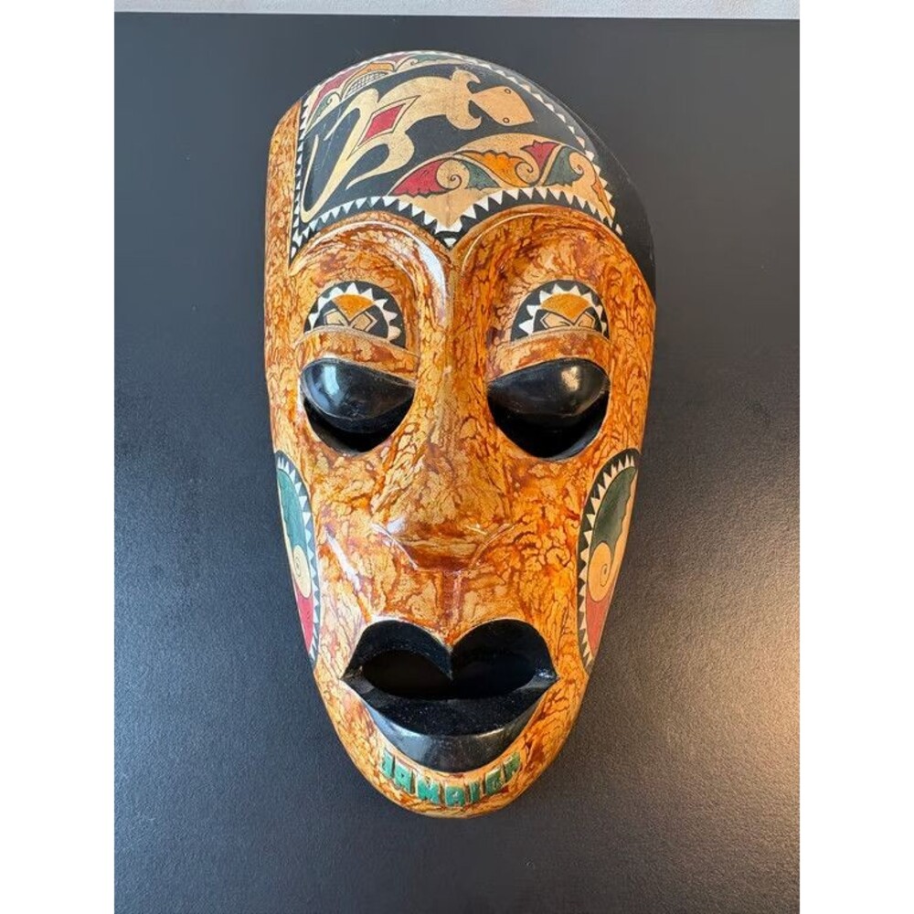 Painted Decorative Mask Orange Black Folk Art Wall Decor